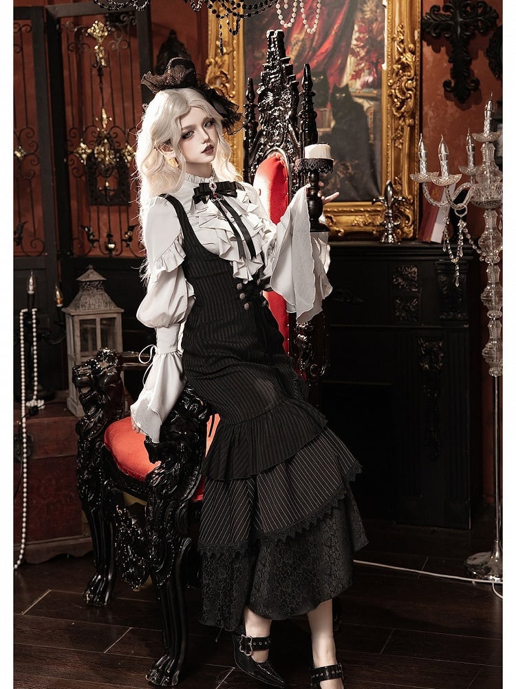 Gothic Lolita 4-Piece Set: Jabot Collar Poet Sleeve Shirt & Fish Tail Skirt - With PUJI