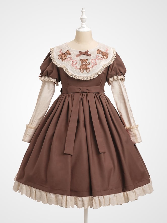 Trim Sweet Lace Bear Teddy Embroidered Lolita Sleeves Dresswith Puff Neckline Brown