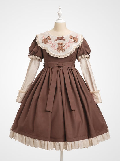 Trim Sweet Lace Bear Teddy Embroidered Lolita Sleeves Dresswith Puff Neckline Brown
