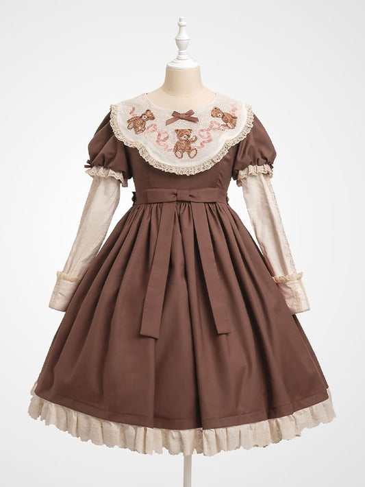 Trim Sweet Lace Bear Teddy Embroidered Lolita Sleeves Dresswith Puff Neckline Brown