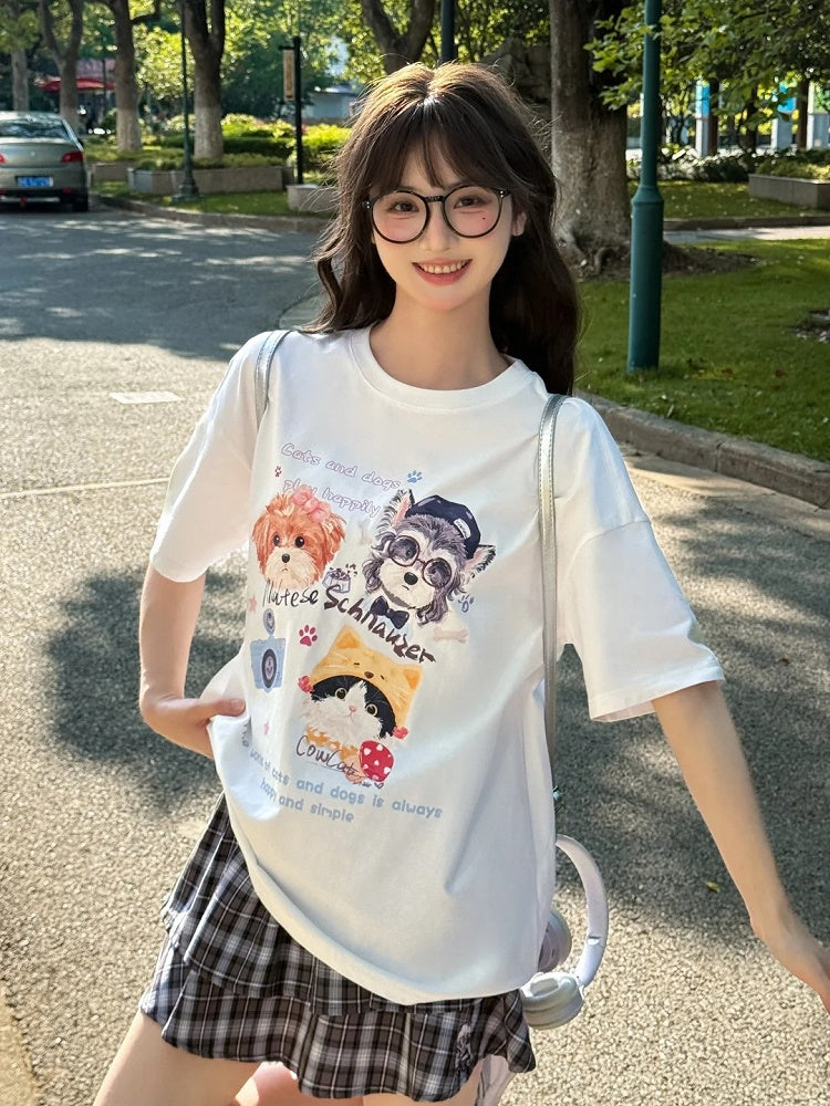 ホワイト/ブラック/ダークブルー ラウンドネック 子犬と子猫プリント ルーズTシャツ