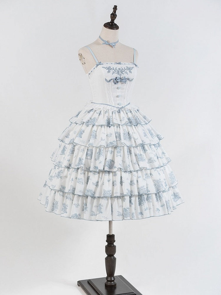Blue & White Floral Print Lolita JSK with Bow Embellishments - CEL
