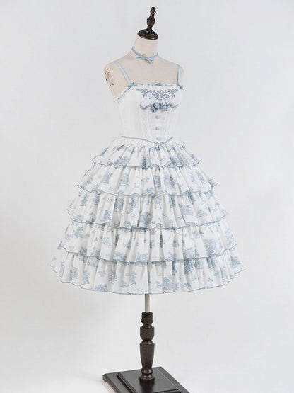 Blue & White Floral Print Lolita JSK with Bow Embellishments - CEL