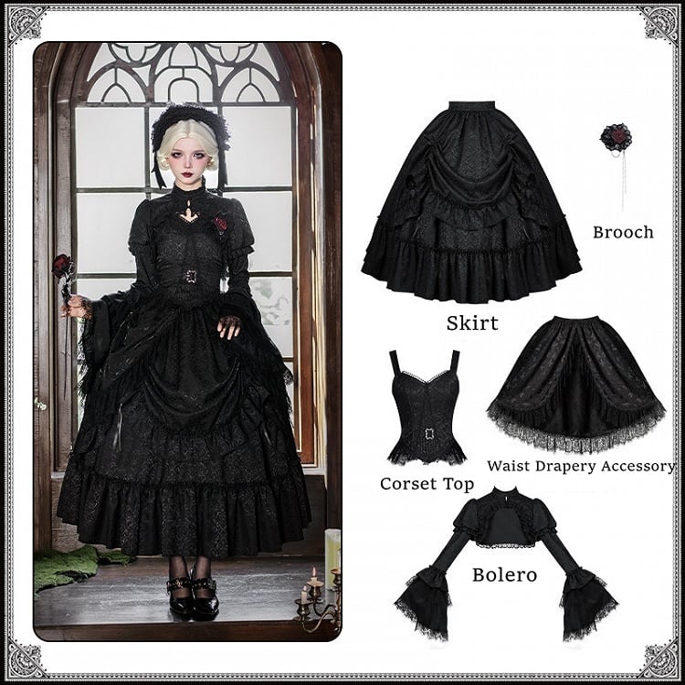 Lolita Drapery Bolero Top Waist + Black Corset Drawstring Brooch Gothic Long Skirt