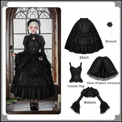 Lolita Drapery Bolero Top Waist + Black Corset Drawstring Brooch Gothic Long Skirt