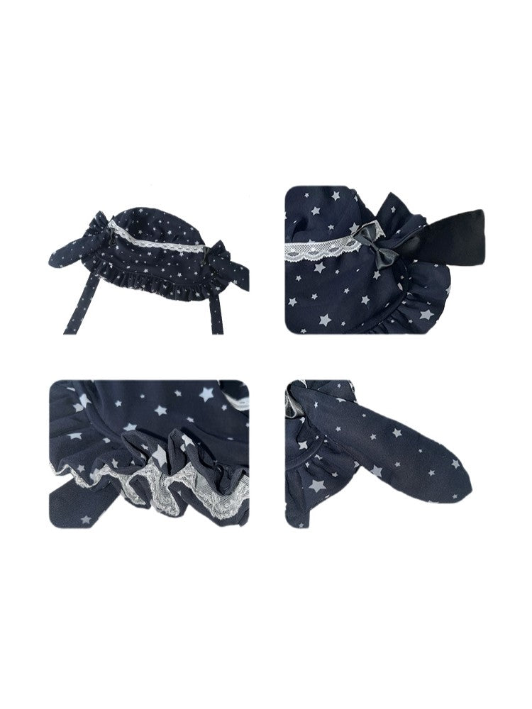 Navy Star Print Trim Bonnet White Blue Chiffon Bunny with Lace Ear