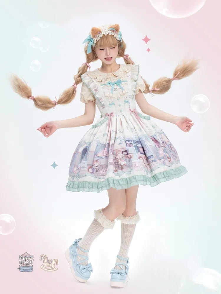 かわいい子猫と緑のリボンのスイートロリータドレス、ひらひらショルダーストラップのジャンパースカート