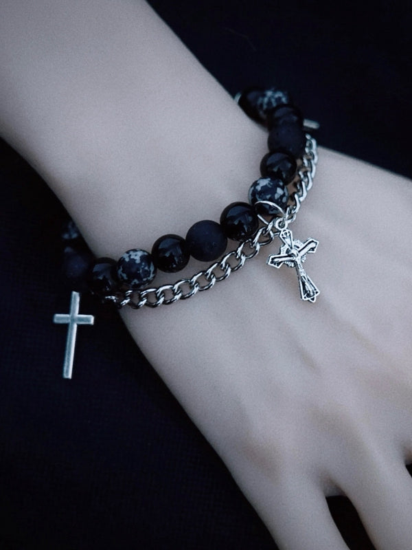 Black Bracelet Beaded with Gothic Chains Cross Handmade Charm
