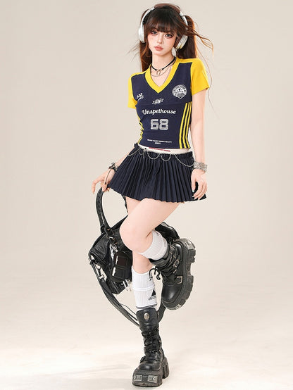 Vネックのビタースイートブルー/ピンクの文字Tシャツプリントナンバー