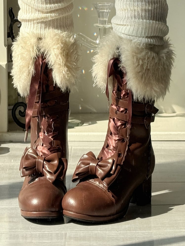 Bow Accents Boots - Mid-Calf Elegant Lolita Brown