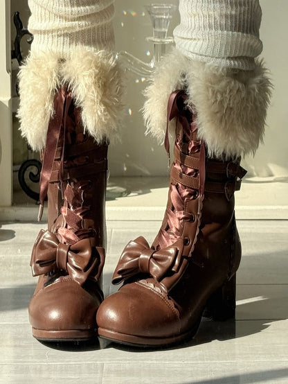 Bow Accents Boots - Mid-Calf Elegant Lolita Brown
