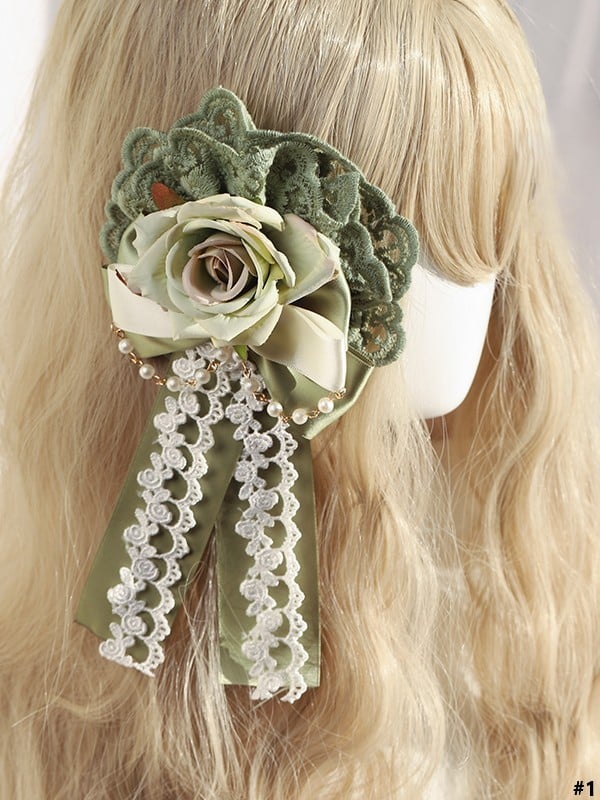 Bead Options with Bow Hairclip Lolita Green 2 Flower Chain