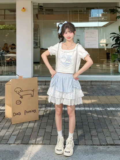 Bear Pattern Square Neck Puff Sleeves White T-Shirt Lace Trim Ruffled Plaid