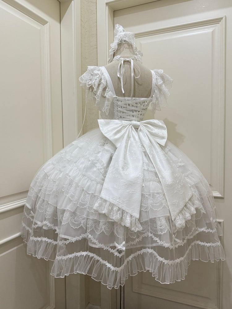 Multi-Layer JSK + Lace Dress Bows Details White / Pure Hanayome-Style Full Overlay Rhinestone Lolita with Set