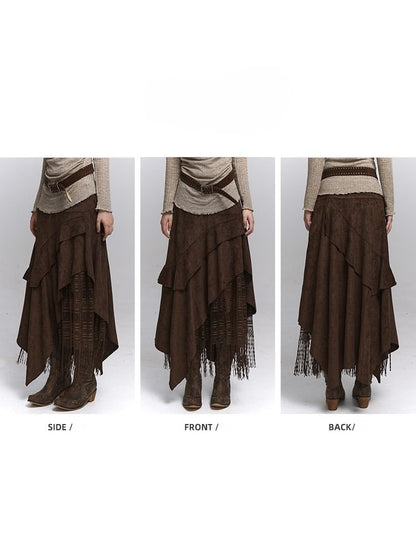 Suede Skirt Handkerchief Coffee Fringe Wasteland Punk A-Line Millard Hem with
