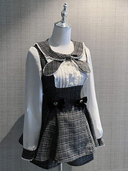 Bowknot Kei Plaid Details Jirai Schwarzes Outfit-Plissee lang + Top Shorts Ärmel Design