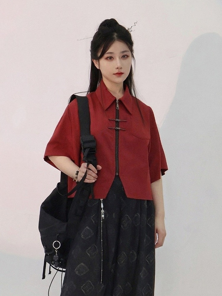 Chinese Red Short Sleeve Cotton Top Metal Frog Fastener
