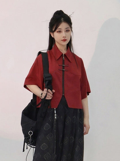 Chinese Red Short Sleeve Cotton Top Metal Frog Fastener
