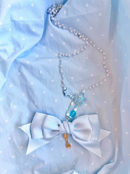 Pink Yellow Blue Beaded Necklace with Bow Accent - Good Night Meow