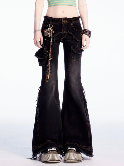 ブラック ローウエスト 切りっぱなし裾 ヴィンテージ フレア カーゴジーンズ