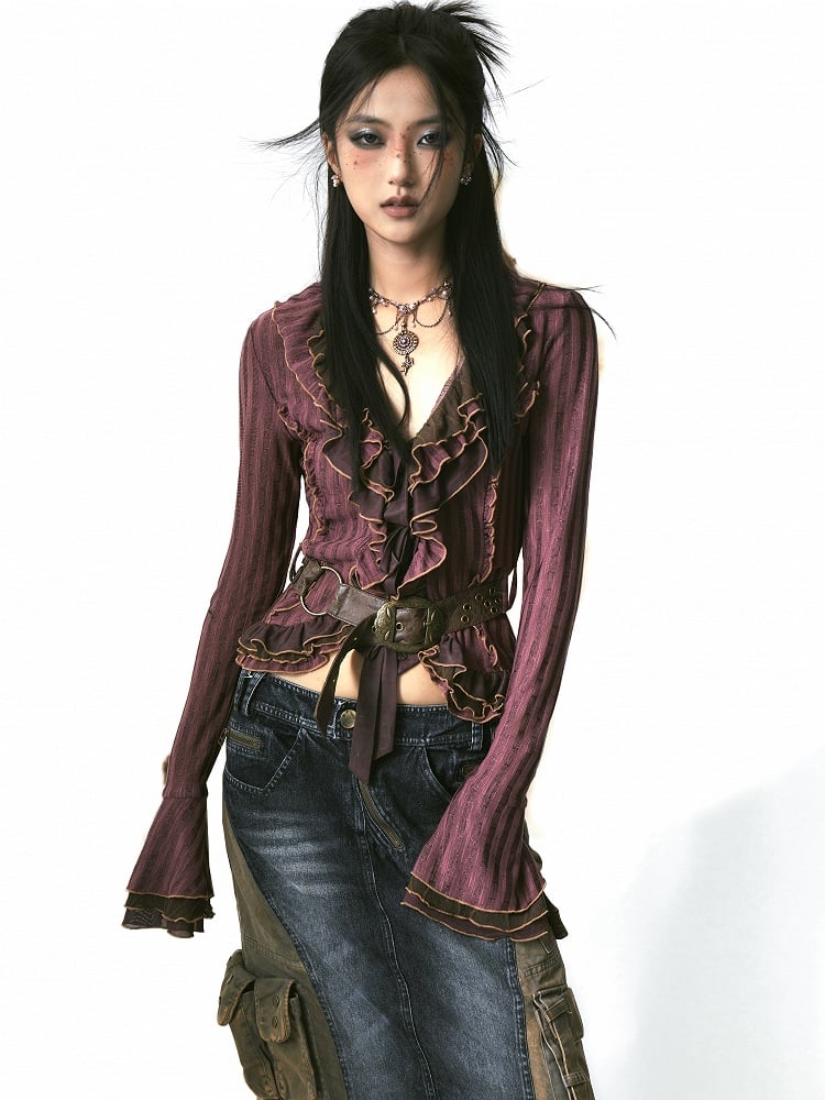 PU Purple-Red with Cardigan Adjustable Knit Ruffles Belt Tulle