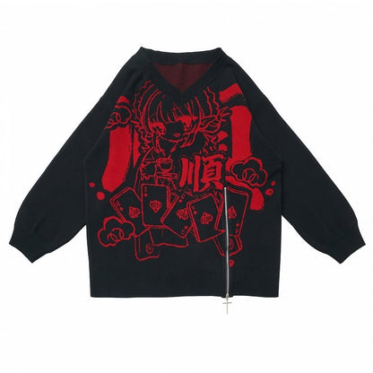Pattern Zipper Hem Knit Sweater Girl New Loose-Fit Cartoon with Red/Black and Inspired Year
