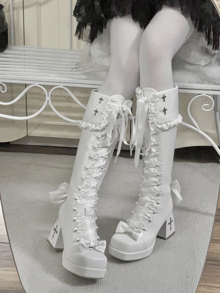 Gothic Lolita Tall Boots with Bow Accents & 8CM Cross Cutout Heel Design - Night Sakura Water Lantern