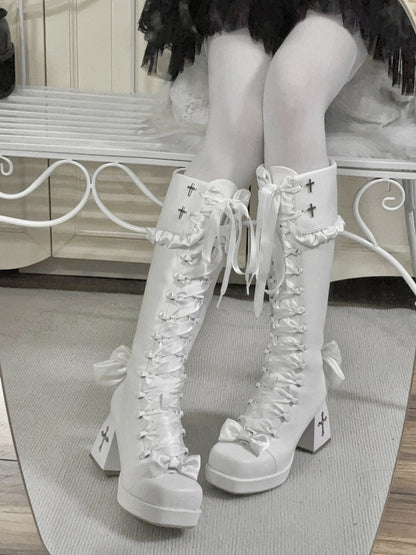 Gothic Lolita Tall Boots with Bow Accents & 8CM Cross Cutout Heel Design - Night Sakura Water Lantern
