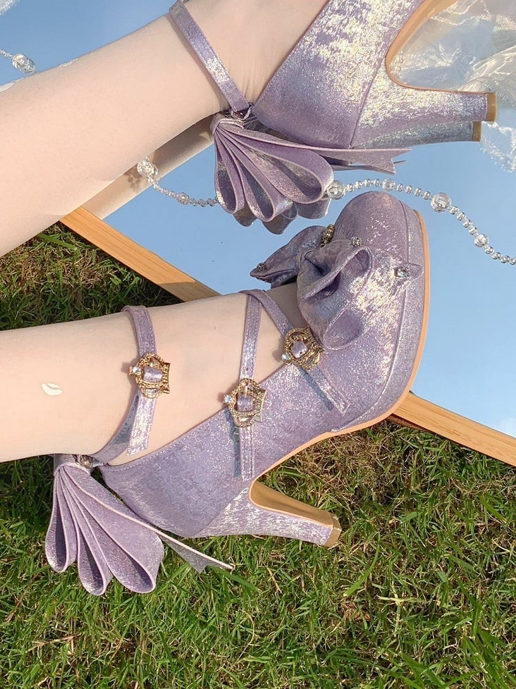 3 Colors Satin Lolita Shoes with Crown Buckle and Bowknot - 8.5cm High Heels - Aimee