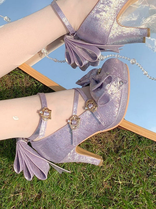 3 Colors Satin Lolita Shoes with Crown Buckle and Bowknot - 8.5cm High Heels - Aimee