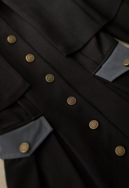 ブラックのレトロエレガントフロントブロンズトーンボタンプラケットクラシックワンピース