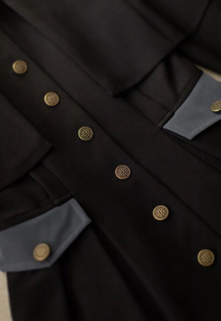 Black Design Fashion Placket Retro Buttons Dress Elegant Cape Detachable Front Bronze-tone