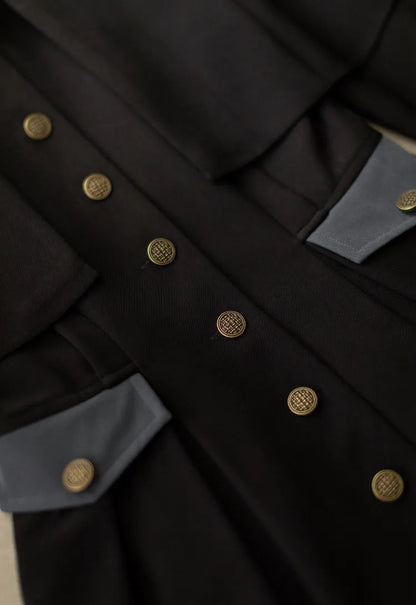 Black Design Fashion Placket Retro Buttons Dress Elegant Cape Detachable Front Bronze-tone