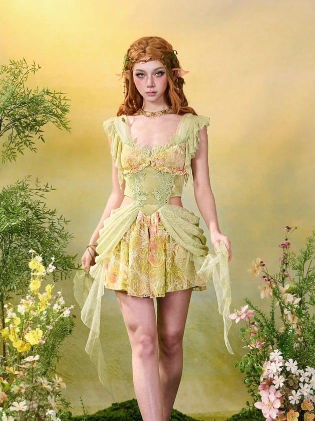 Green Fairycore Mori Lace A-Line Sleeveless Cut-out Dress - Virtual Orbit