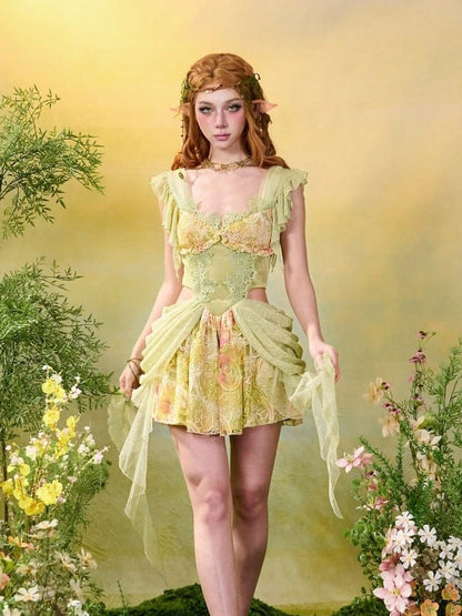 Green Fairycore Mori Lace A-Line Sleeveless Cut-out Dress - Virtual Orbit