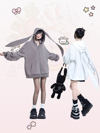 Gray Oversized Bunny Ear Zip Hoodie - 11shop97