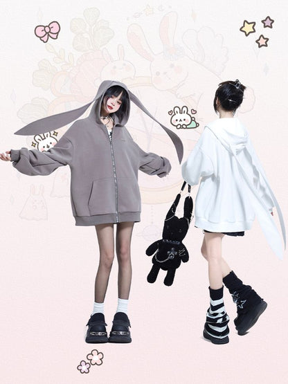 Gray Oversized Bunny Ears Zip Hoodie - 11shop97