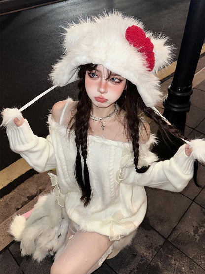 Cozy White Off-Shoulder Sweater with Bow Accent