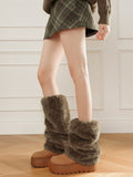 Warm Long/Short Fleece Version Warmers Leg Beige/Brown
