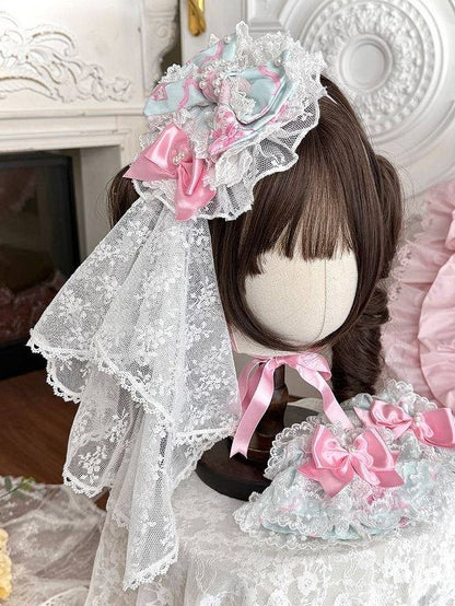 White Lace Lolita Head Veil with Pink Bow
