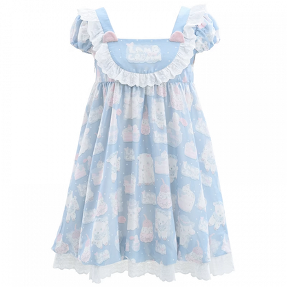 Entzückendes süßes Lolita-Kleid mit Lamm-Print, blau, quadratischer Ausschnitt, Puffärmel