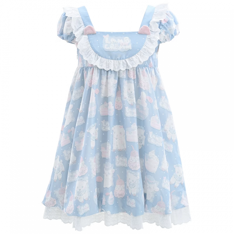 Lolita Dress Blue Square Neck Puff Sleeve Adorable Lamb Print Sweet