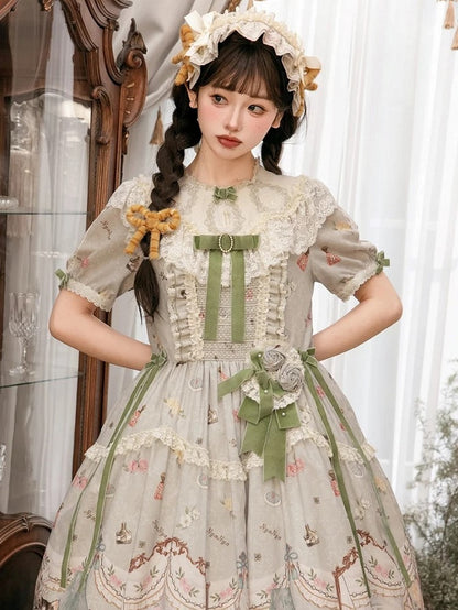 Beige/Green Flower Sweet Lolita Brooch / Hairclip with Velvet Bow - NyaNya
