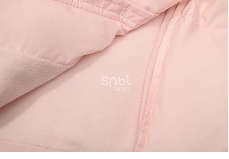 Rosa Daunenmantel mit Kapuze, Schleife und Horn-Knopf