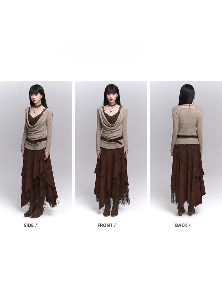 Cowl Beige Neck Top Belt Ruched Gothic with Brown