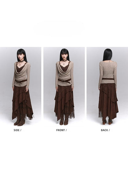 Cowl Beige Neck Top Belt Ruched Gothic with Brown