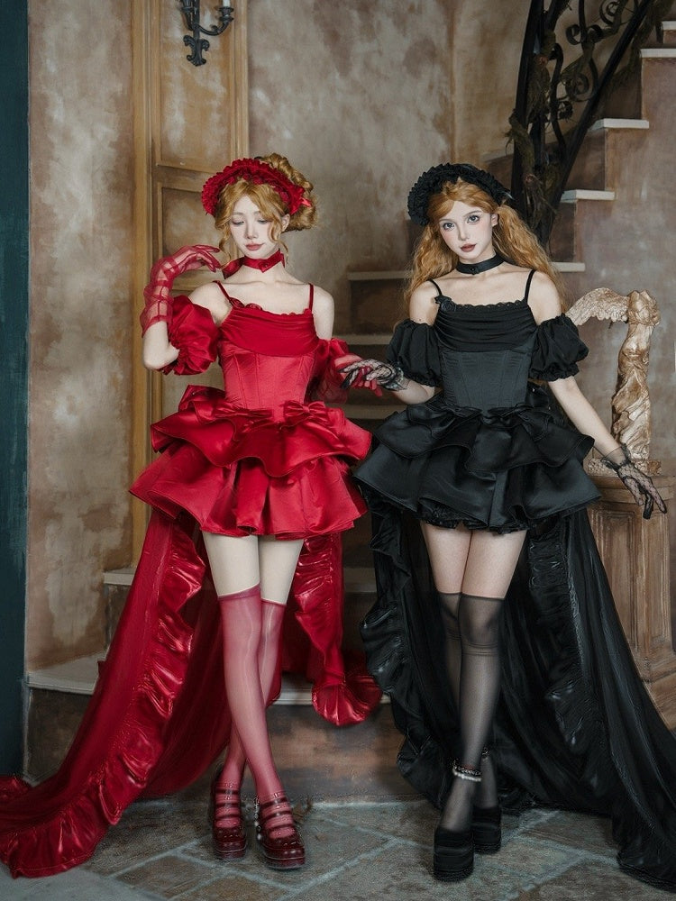 Full Lolita Jumper Skirt Set with Boned Basque Waist & Cowl Neckline, Red - With PUJI