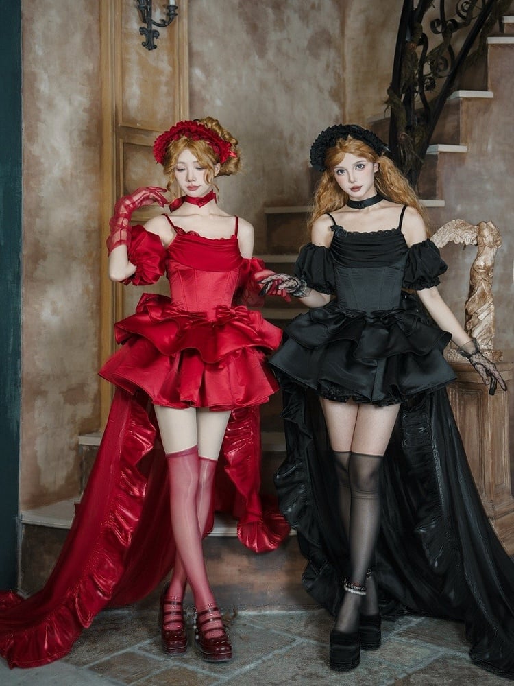 Basque Spaghetti Dress Neckline Full Boned Jumper Waist Cowl Red Skirt Lolita Set Elegant