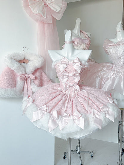 Pink Bow-Embellished Plush Neckline and Hem Boned Dress with Cape Set - POSHEPOSE