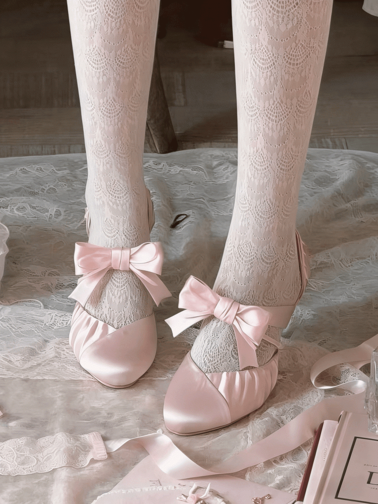 Lolita Satin - Accents Heels Toe Bow Pink Mary Jane Pointed Elegant
